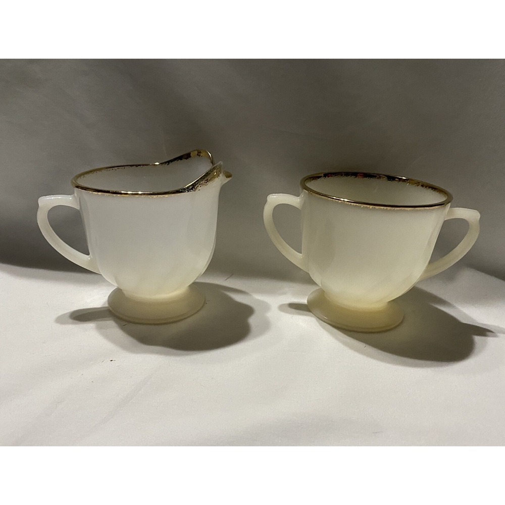 Vintage Fire King Milk Glass Creamer & Sugar Bowl White Swirl Gold Rim Oven Ware